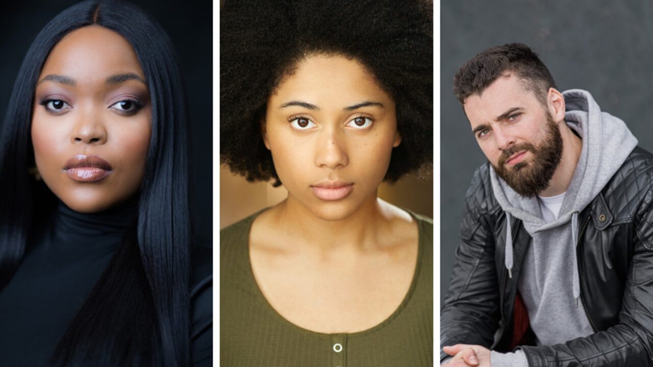 Three people are shown in individual portrait photos: a woman with long straight hair, a woman with a natural afro, and a bearded man in a hoodie and leather jacket.
