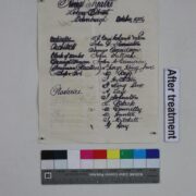 A handwritten, yellowed document with several signatures is shown alongside a label reading "After treatment" and a color calibration strip at the bottom.