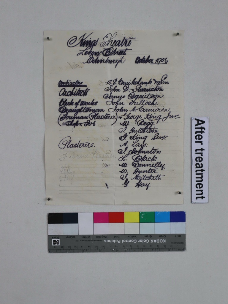 A handwritten, yellowed document with several signatures is shown alongside a label reading "After treatment" and a color calibration strip at the bottom.