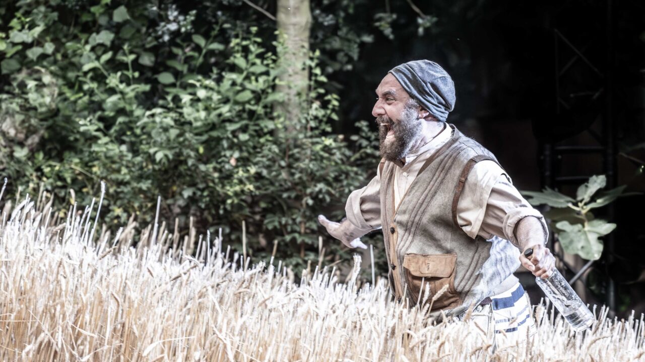 A bearded man in rustic clothing stands in a wheat field with arms outstretched, smiling. Dense green foliage is visible in the background.