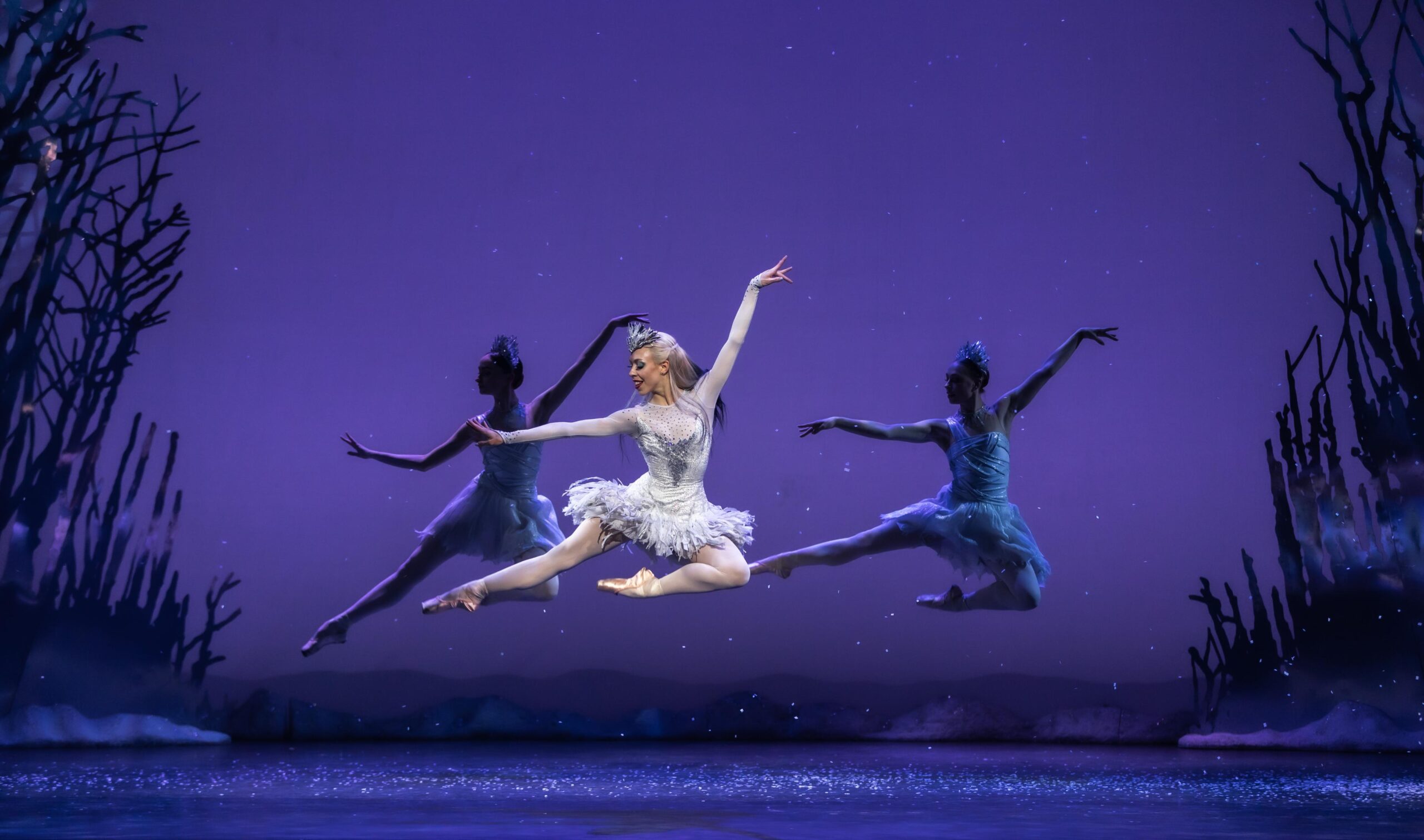 A ballerina in a white tutu performs a mid-air leap, flanked by two other dancers in blue costumes, against a purple background with silhouette trees.