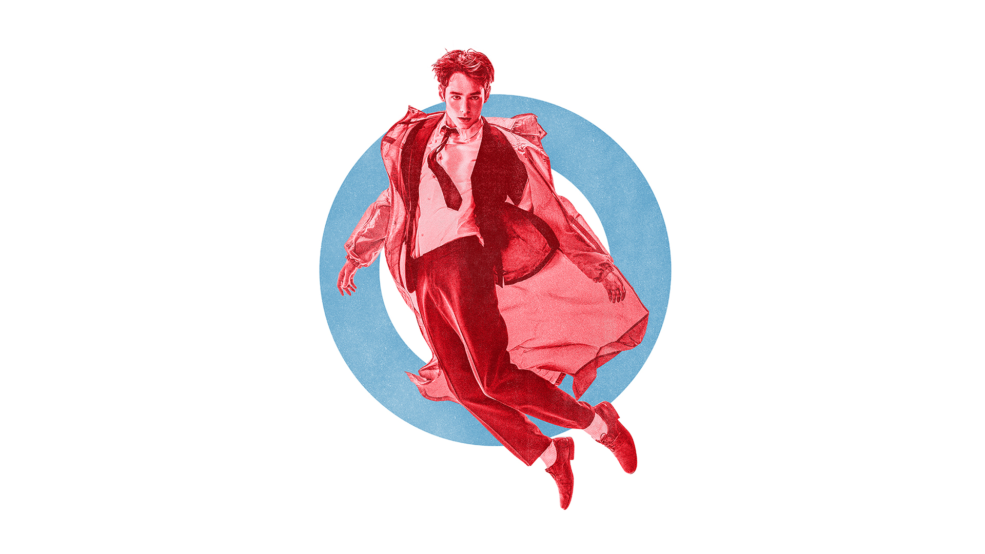 A man in a suit and coat is mid-jump in front of a large blue circle on a white background.