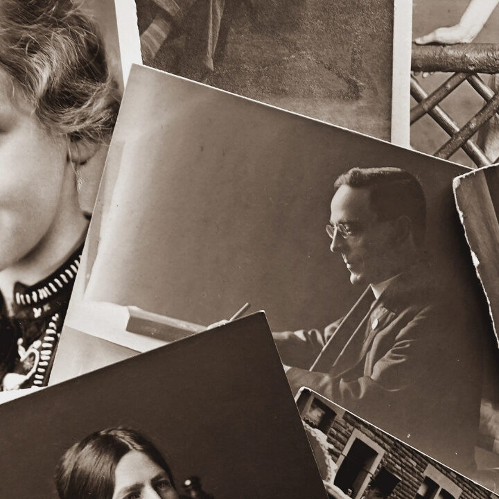 A collage of vintage black-and-white photographs featuring people from different eras. Images include a young girl, a couple in wedding attire, a man writing, and groups of people in period clothing, showcasing various moments in history.