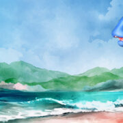 A woman smiles at a large, friendly blue sea serpent emerging from the water on a beach with green hills and cloudy sky in the background.