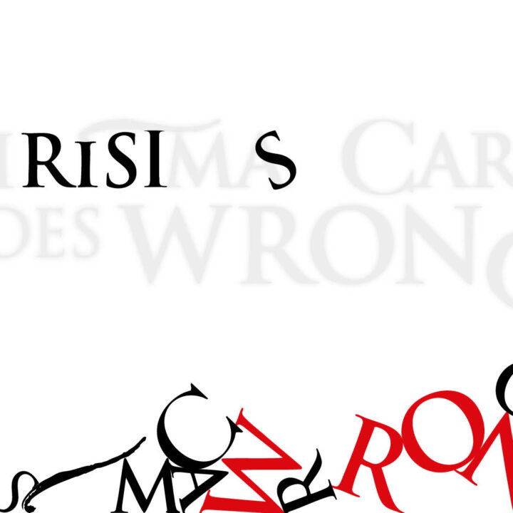 A mostly white poster with the title "Christmas Carol Goes Wrong" in distorted and scattered black and red text, Mischief logo in the upper right corner.