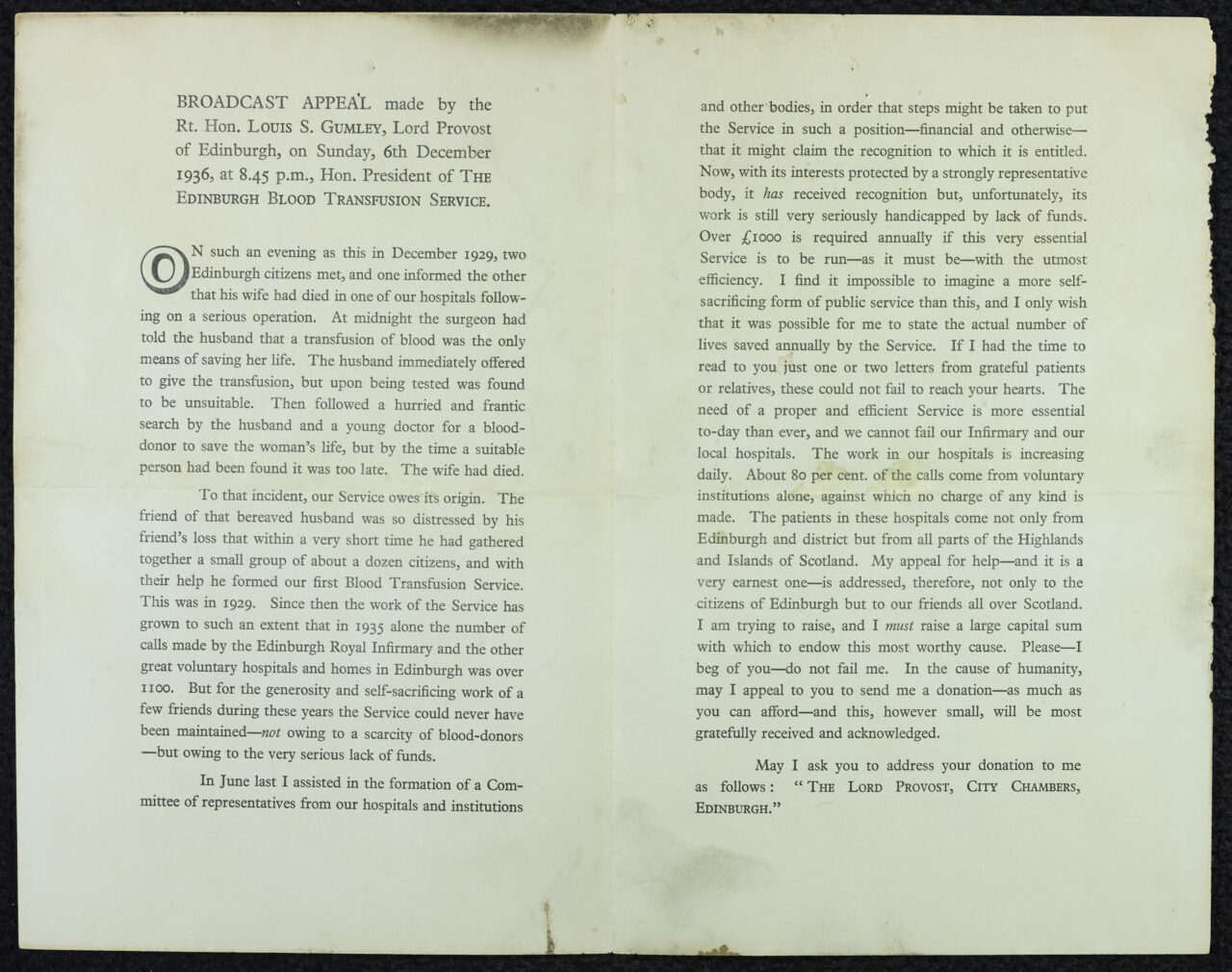A typed letter titled "Broadcast Appeal" by Revd. Louis C. Graham, dated December 6, 1936, discussing the importance of blood transfusion services in Edinburgh.