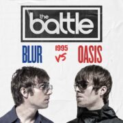 Poster showing "the battle" between Blur and Oasis in 1995, with band members facing each other wearing sunglasses.
