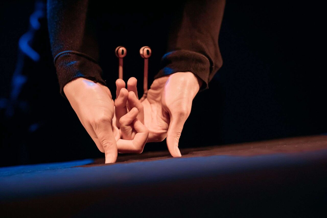 Two hands positioned upside down on a surface, with small puppet-like eyes attached to the index fingers, creating a playful character.