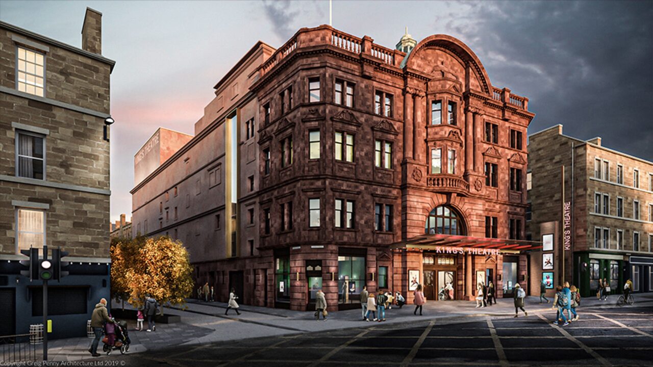 A large red-brick theatre building stands on a street corner, with pedestrians walking nearby and signage reading "KING'S THEATRE" above the entrance.
