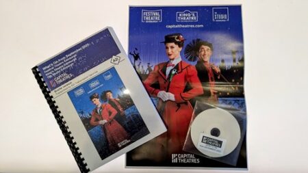 Braille programme for "Mary Poppins" theatre production, including a brochure, poster with characters in costume, and a CD.