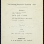 The rear of the stone laying invite. A printed page listing the directors, secretary, architects, and contractors of The Edinburgh Construction Company, Limited.