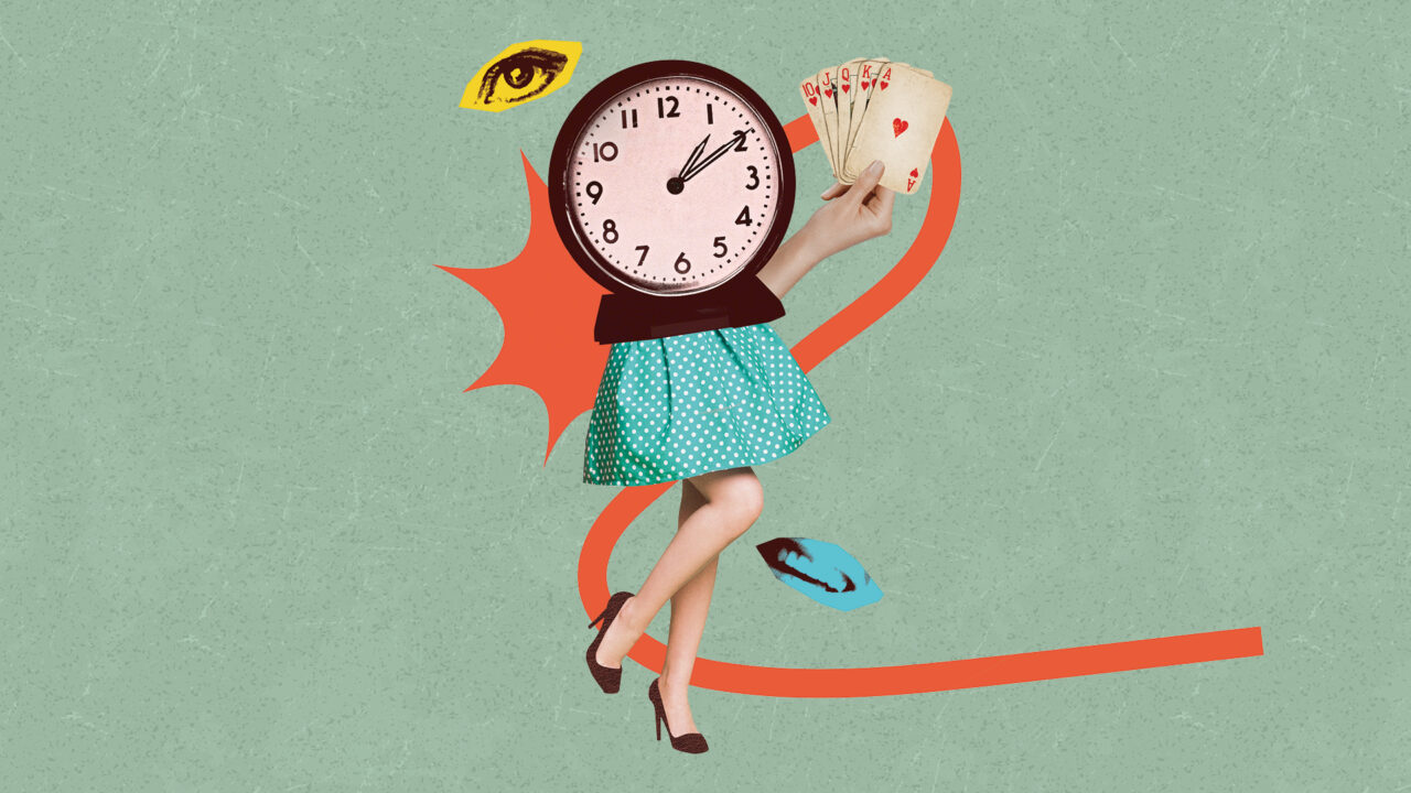 A person with a clock for a head holds playing cards, wearing a polka dot skirt and heels, with abstract shapes and eyes in the background.