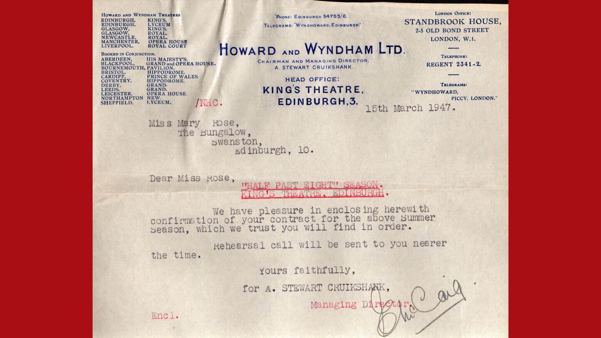A scanned contract dated 15 March 1947 from Howard and Wyndham Ltd. confirms a contract for Mary Rose in the King’s Theatre, Edinburgh, 1947 summer season, with rehearsal details to follow—signed by Cruikshank.