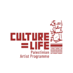 Logo with the text "CULTURE = LIFE Palestinian Artist Programme" in English and Arabic, displayed in bold red font.